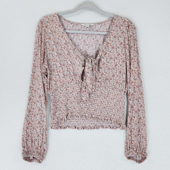 American Eagle Outfitters Tops - American Eagle Shirt Womens Large White Mauve Pink Floral Cropped Long Sleeve